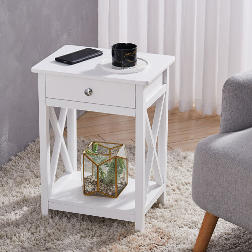 Living And Home Wooden One Drawer Bedside Table Cabinet Side Table White 2