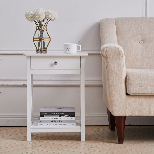 Living And Home Wooden One Drawer Bedside Table Cabinet Side Table White 1