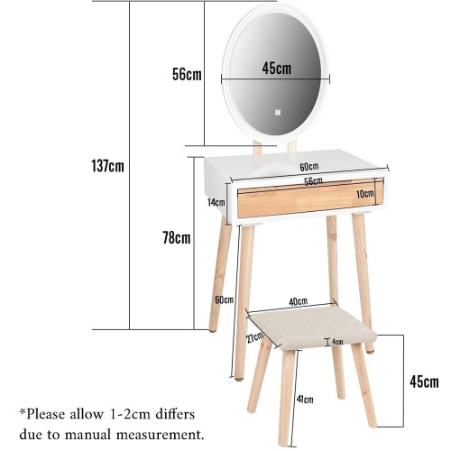 ELECWISH (Oval Mirror 3) Dressing Table 3 Modes Mirror Stool Drawer 80*40 2