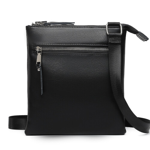 Double Compartment Lightweight Leather Crossbody Bag - Black