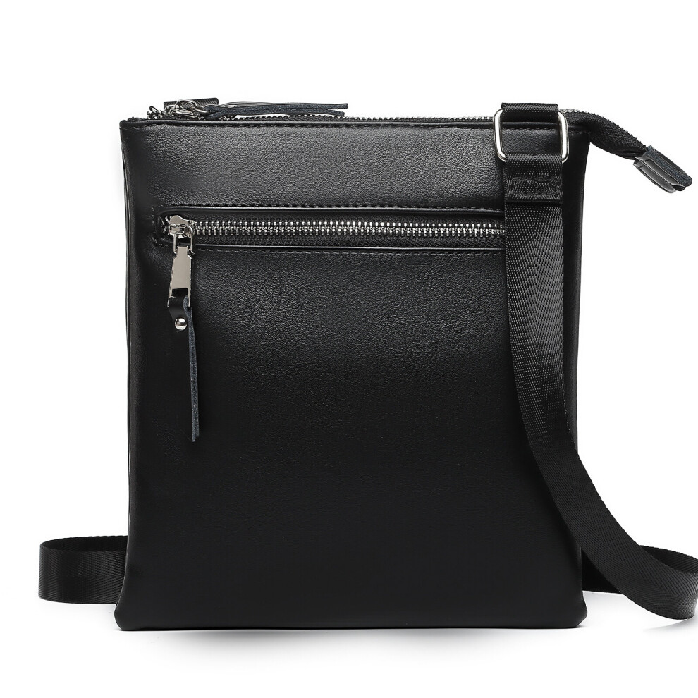 Double Compartment Lightweight Leather Crossbody Bag - Black