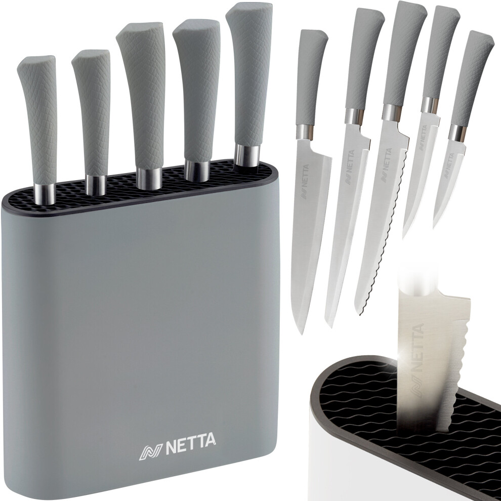 (Grey) NETTA 6 Piece Kitchen Knife Set Including Block