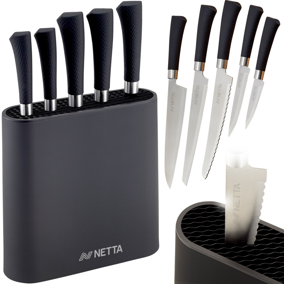 (Black) NETTA 6 Piece Kitchen Knife Set Including Block