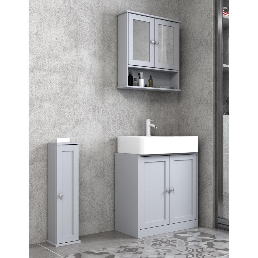 (All 3 Piece - Grey) Under Sink Cupboard Mirror Unit WC Paper Dispenser