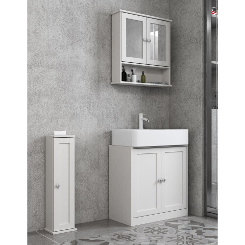 URBN Living (All 3 Piece - White) Under Sink Cupboard Mirror Unit WC Paper Dispenser