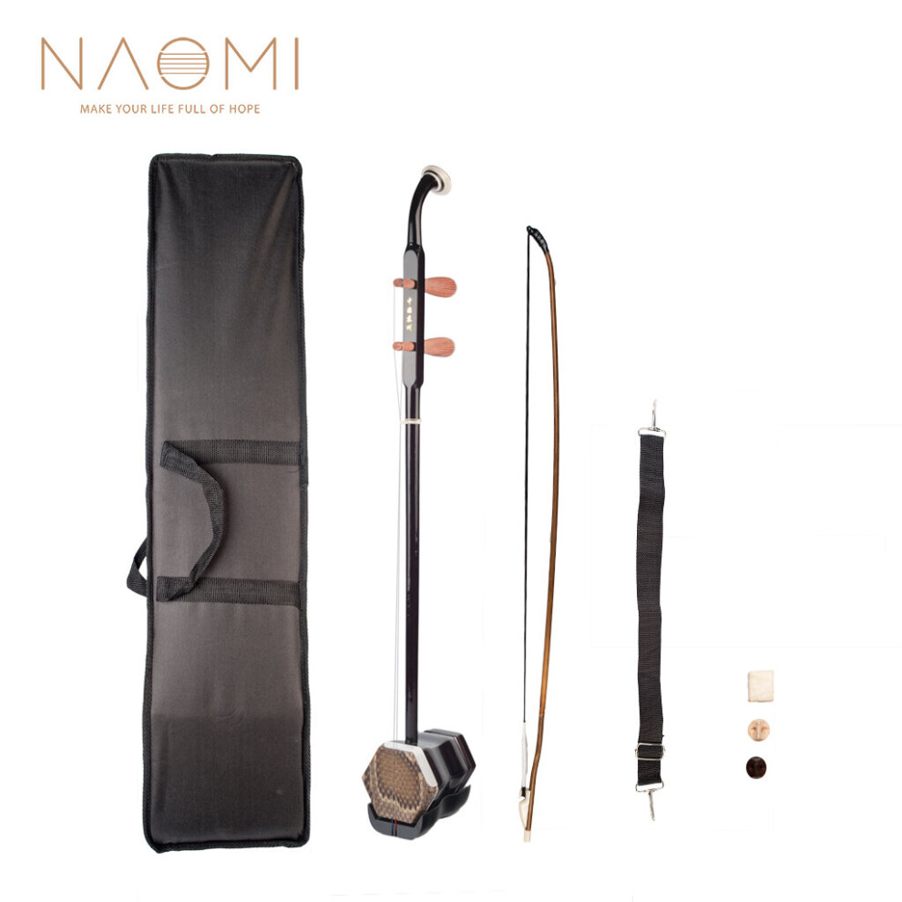 Naomi Erhu: Solid Wood Chinese Two-String Fiddle With Bow & Hard Case, Exclusive Engraved Design Black