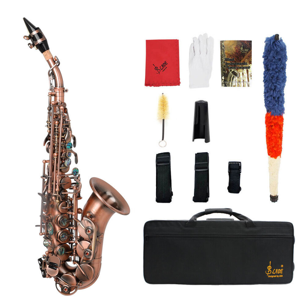 Slade Red Bronze Bend Bb B-flat Soprano Saxophone Sax Abalone Shell Key Carve Pattern with Case Gloves