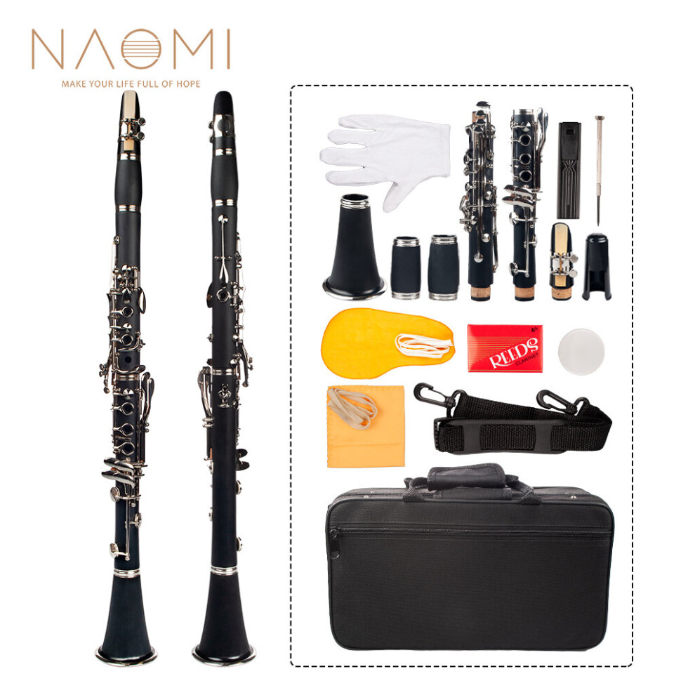 NAOMI Professional Bb 17-Key Clarinet ABS Clarinet Cupronickel Plated Nickel Kit W/ Clarinet+Reeds+Strap+Case+Components