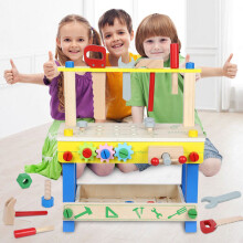 Wooden Kids Tool Bench Set for Pretend Play - Hammer, Saw, Screwdriver & Wrench - Educational Xmas Gift for Ages 3+