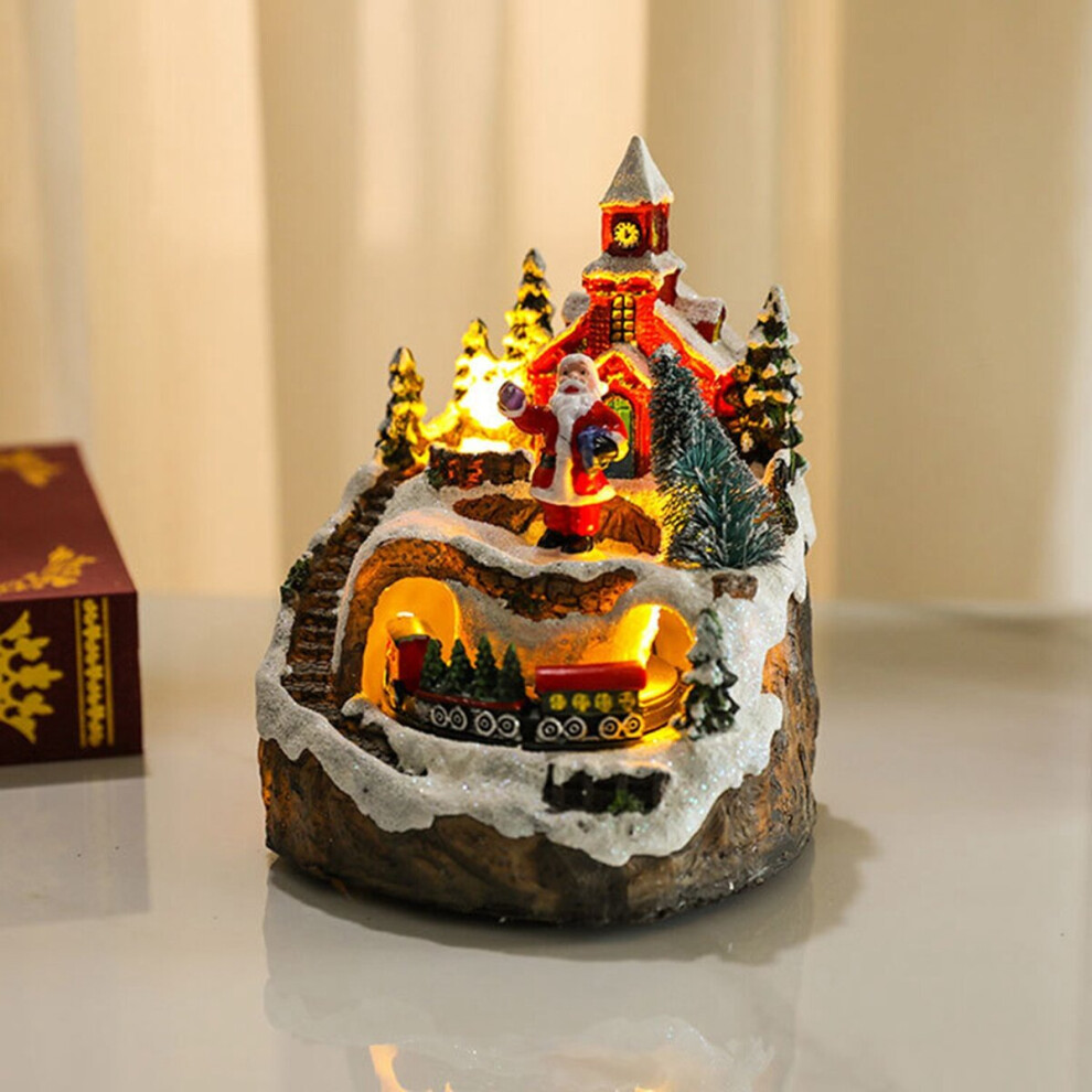 Christmas Village Houses Sets Rotating Train Display Figurines LED Light Up Musical Christmas Holiday Decoration Santa