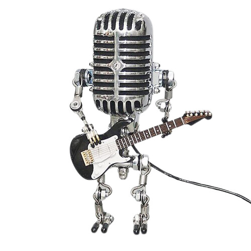 (Black) Vintage Microphone Robot with Guitar Lamp Light Table Desktop Bedroom Home Decoration USB Charging