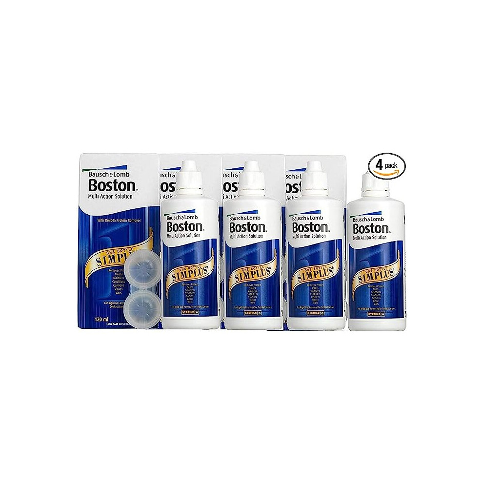 Bausch & Lomb Boston Simplus Multi-Action Solution, 4X 120Ml Contact Lens Solution Rigid Gas Permeable Contact Lenses Clean, Disinfect Condition With 4X Lens Cases