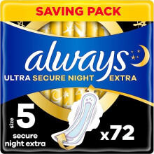 Always Ultra Sanitary Towels with Wings, Secure Night, Size 5, 72 Towels (18 x 4 Packs), MEGA PACK, Odour Neutraliser, Absorbent Core