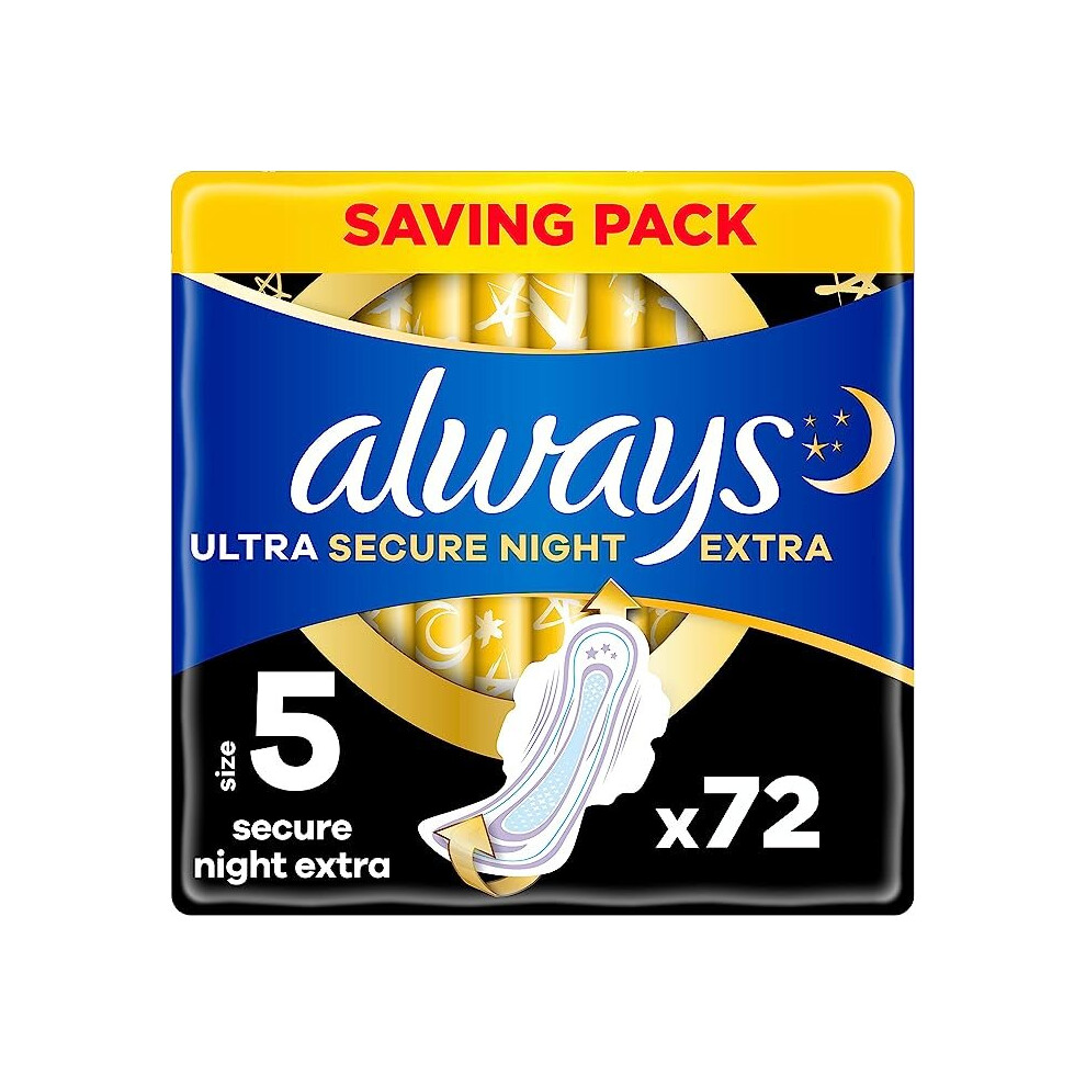 Always Ultra Sanitary Towels with Wings, Secure Night, Size 5, 72 Towels (18 x 4 Packs), MEGA PACK, Odour Neutraliser, Absorbent Core