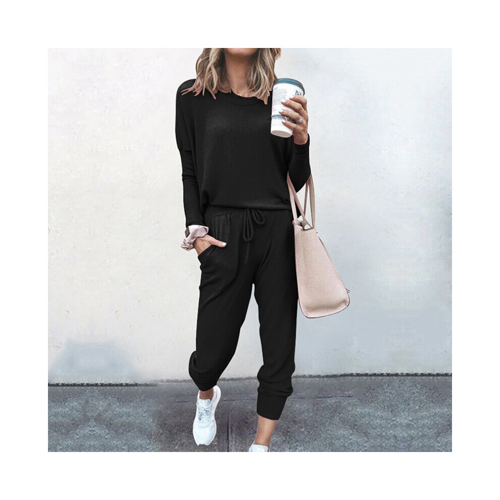 (Black, L) 2pcs Tracksuit Women Set Ladies Solid Color Top Hoodies Loungewear Pants