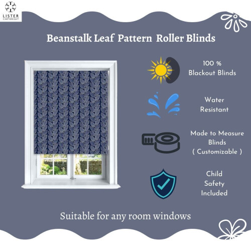 (Midnight, 90 cm Width x 140 cm Drop) Beanstalk Leaf Design Blackout Roller Windows Blinds 2