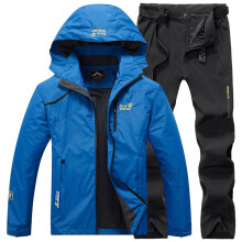 (Blue, 5XL) Men Fishing Suit Set Hooded Jacket And Pants Outdoor Hiking Camping Sports Suit