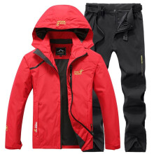 (Red, 6XL) Men Fishing Suit Set Hooded Jacket And Pants Outdoor Hiking Camping Sports Suit