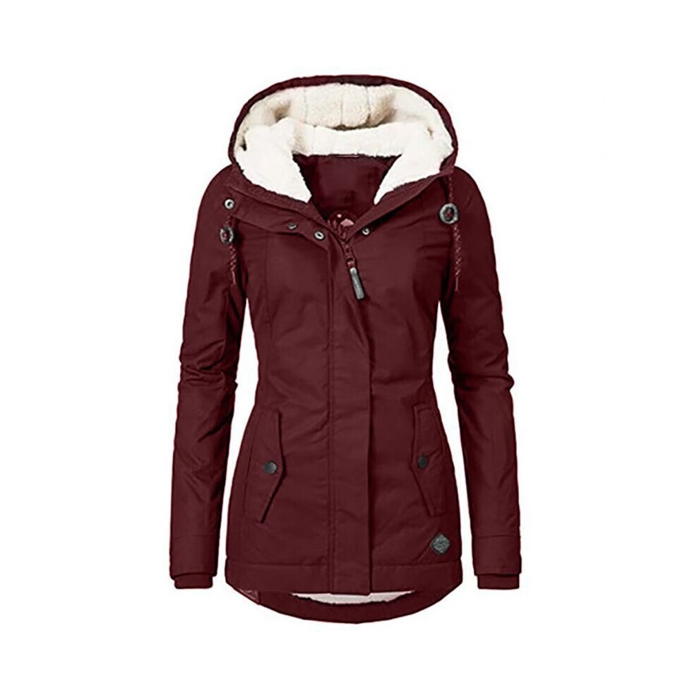 (Wine Red, 2XL) Womens Fur Faux Parka Jacket Coat Ladies Hooded Outwear Winter Overcoat Warm