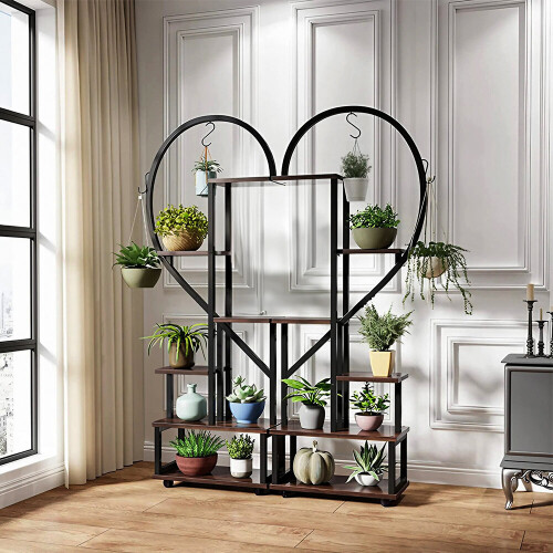 Living And Home 2 Pcs Half-Heart-Shaped Tiered Plant Stand Rustic Brown