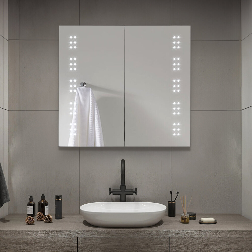 Double Door LED Bathroom Mirror Cabinet with Sensor, Defogger & Shaver Socket - Frameless, IP44, 65cm W x 60cm H, 6000K, 2 Shelves