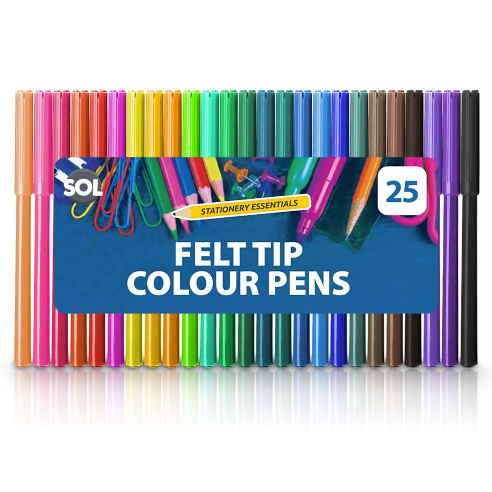 25 Felt Tip Pens Set Fine Fibre Drawing Markers Colouring Art School Colour Kids