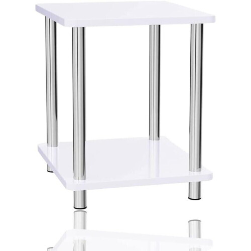 Small 2 Tier White Gloss Finish Side Table with Shelf Bedroom Coffee End Table 1