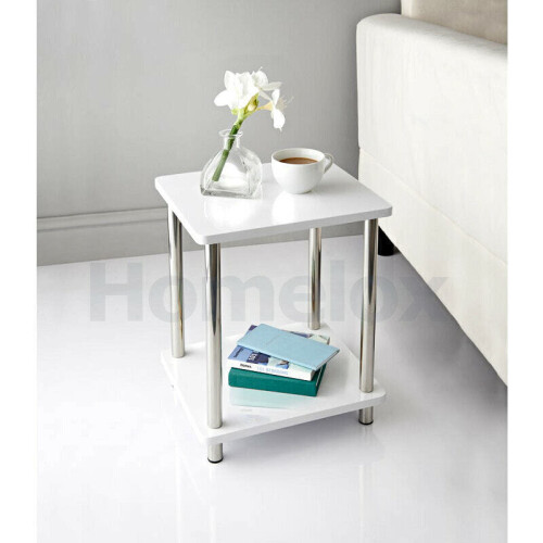 Small 2 Tier White Gloss Finish Side Table with Shelf Bedroom Coffee End Table