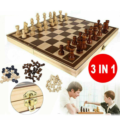 3 in 1 Chess Wooden Set Fold Chessboard Backgammon Draughts Wood Board 1