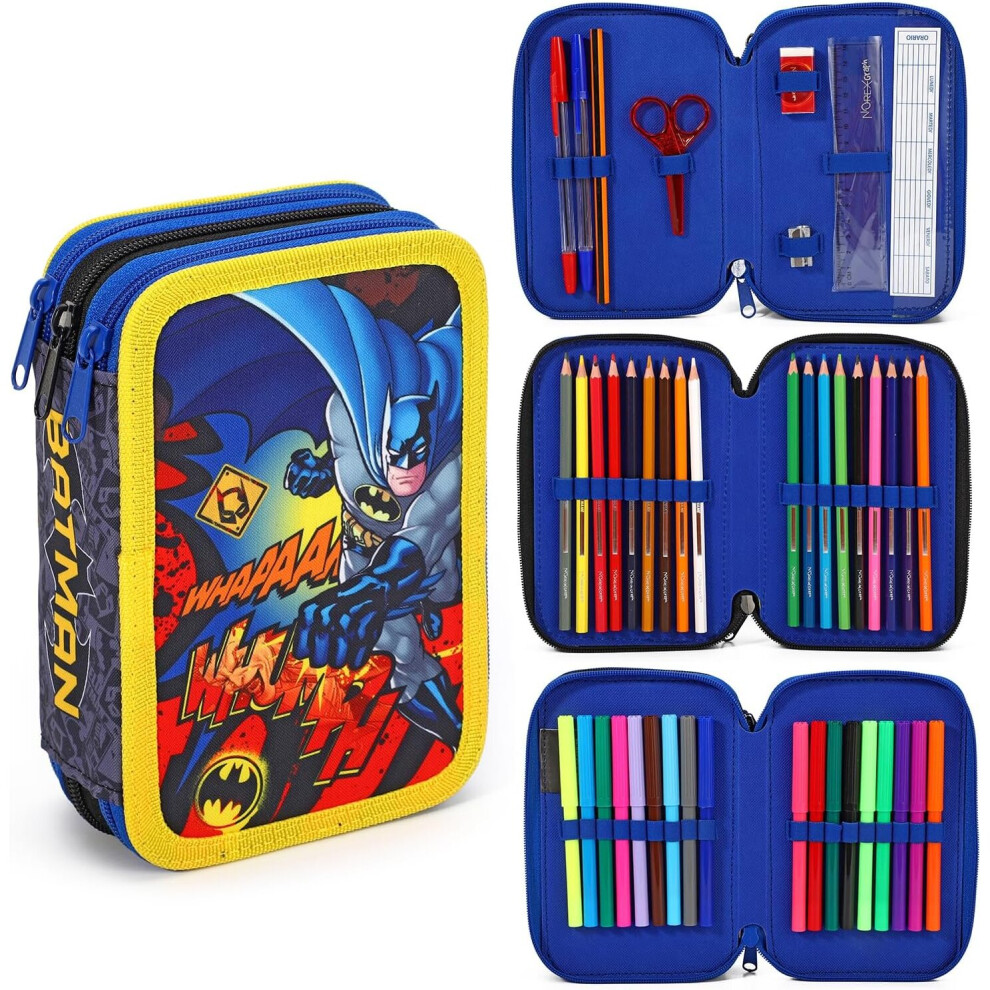 Batman Filled Pencil Case Large Full Stationery School Supplies Set For Kids 3 Tier With Pens, Pencils & Markers