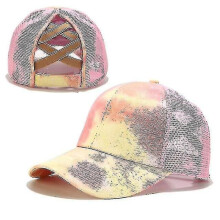 Women Ponytail Baseball Cotton Caps, Summer Snapback Hat?Tie Dye-Pink?