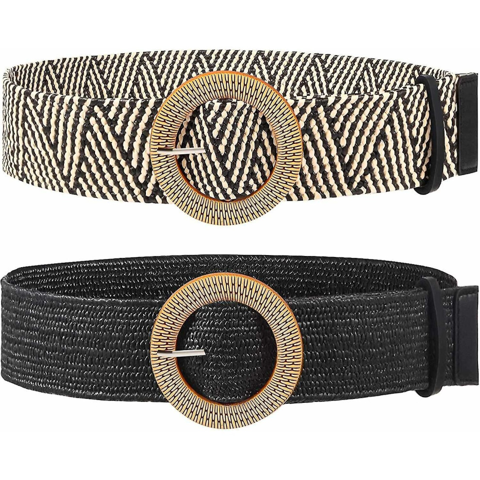 2 Pieces Women Straw Woven Elastic Stretch Waist Belt Skinny Dress Braided Waist Belt With Wooden St