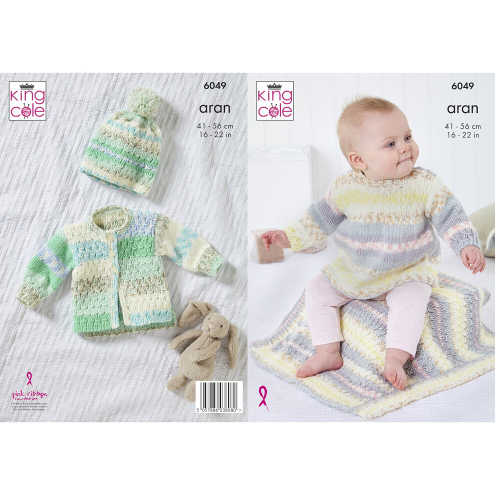 King Cole 6049 Aran Knitting Pattern Baby Dress Jacket Blanket