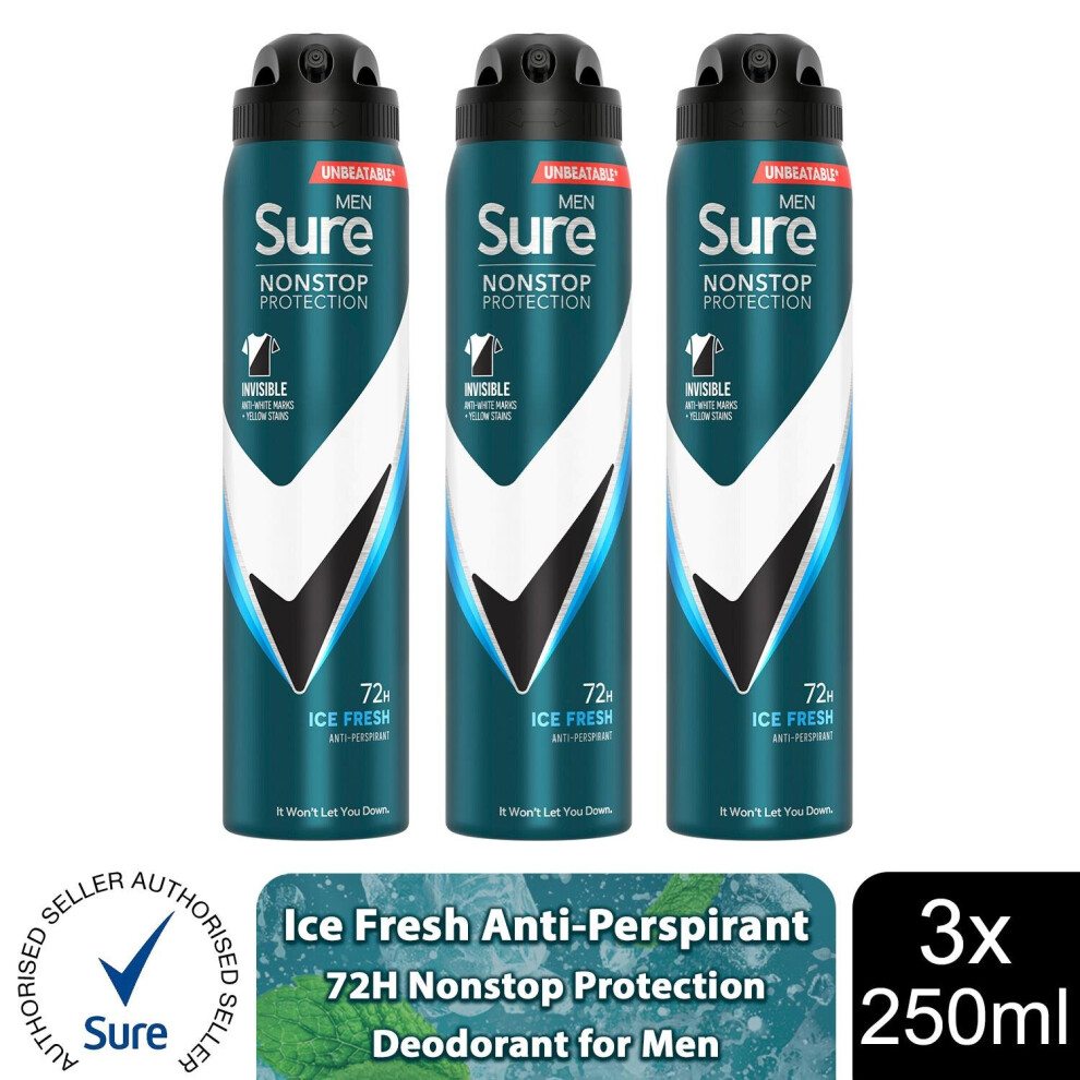Sure Men's (Invisible Ice - 3 Pk) Ap Deodorant 72H Nonstop Protection 250Ml