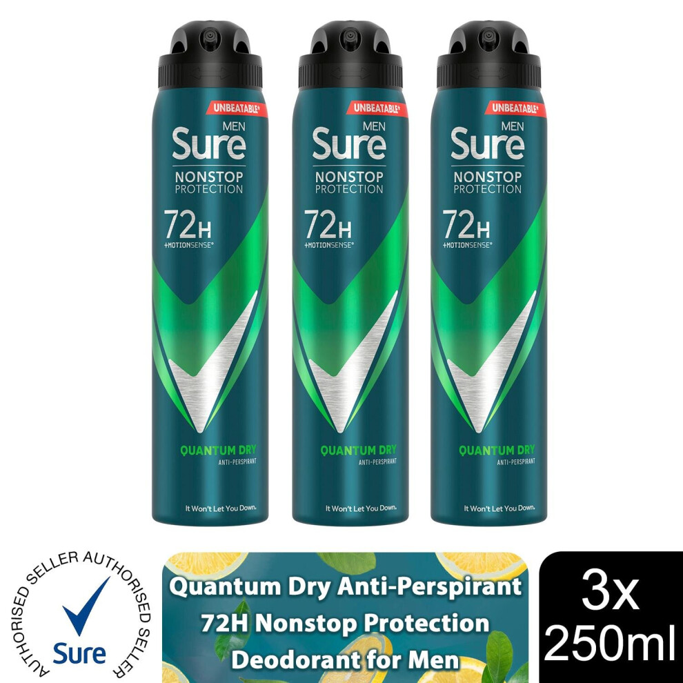 Sure Men's (Quantum Dry - 3 Pk) Ap Deodorant 72H Nonstop Protection 250Ml