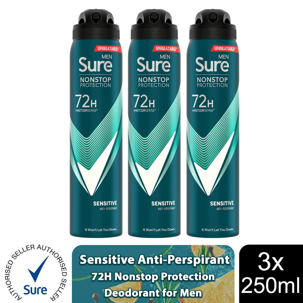 Sure Men's (Sensitive - 3 Pk) Ap Deodorant 72H Nonstop Protection 250Ml