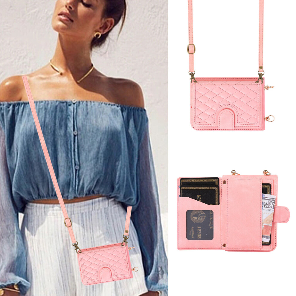 (pink) Z Flip 5 Case with Leather Wallet,Wristlet Strap Zipper Wallet for Samsung Flip 5 5G,Fashion Handbag Gift for Women Ladys