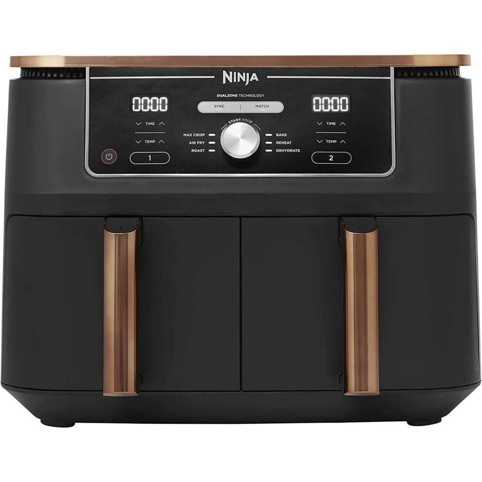 Ninja Foodi Dual Zone Air Fryer Max + Tongs, 9.5L, 2470W, 2 Drawers, 6-In-1: Max Crisp, Air Fry, Roast, Bake, Reheat, Dehydrate Black