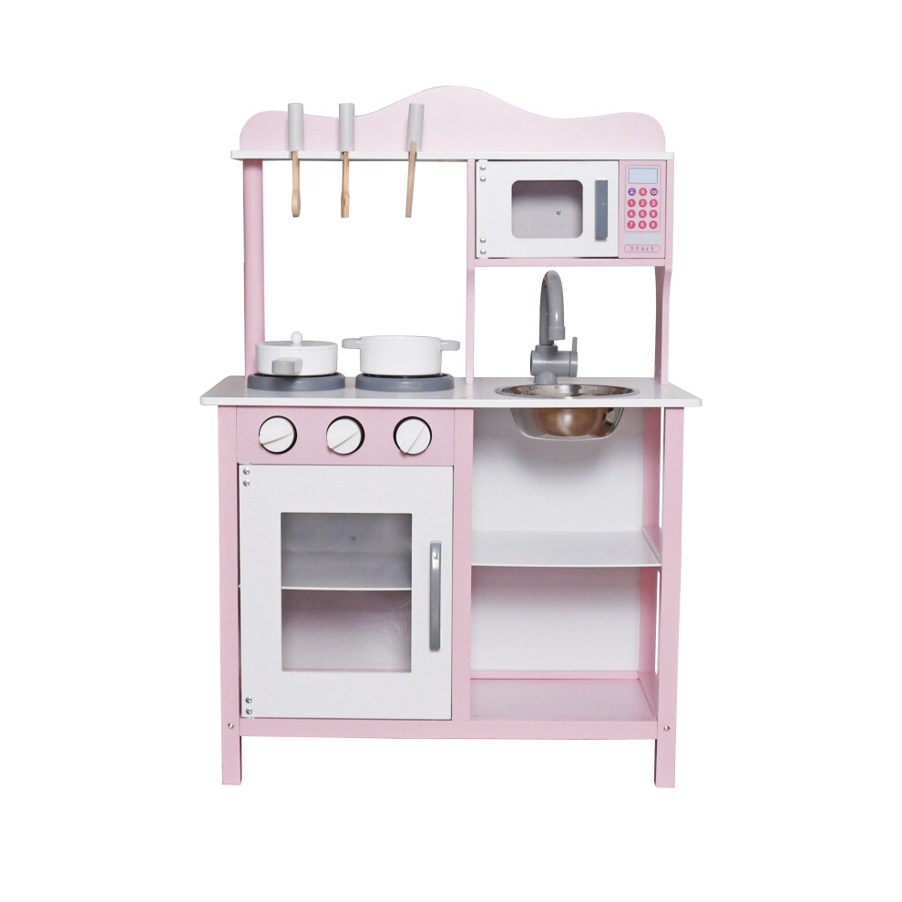 (Pink) HYGRAD Kids Wooden Play Kitchen Set Children's Role Play Pretend Toy Pink White