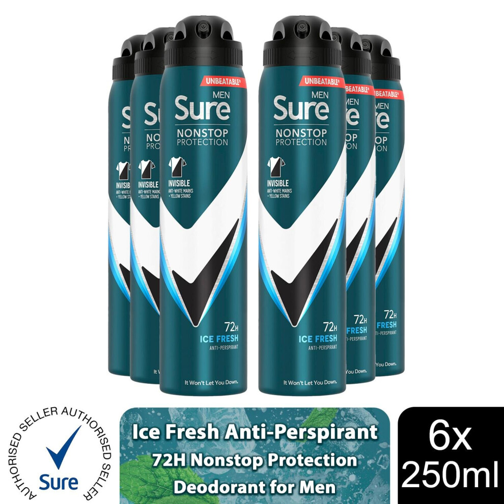 Sure Men's (Invisible Ice - 6 Pk) Ap Deodorant 72H Nonstop Protection 250Ml