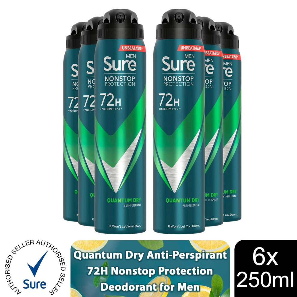 Sure Men's (Quantum Dry - 6 Pk) Ap Deodorant 72H Nonstop Protection 250Ml