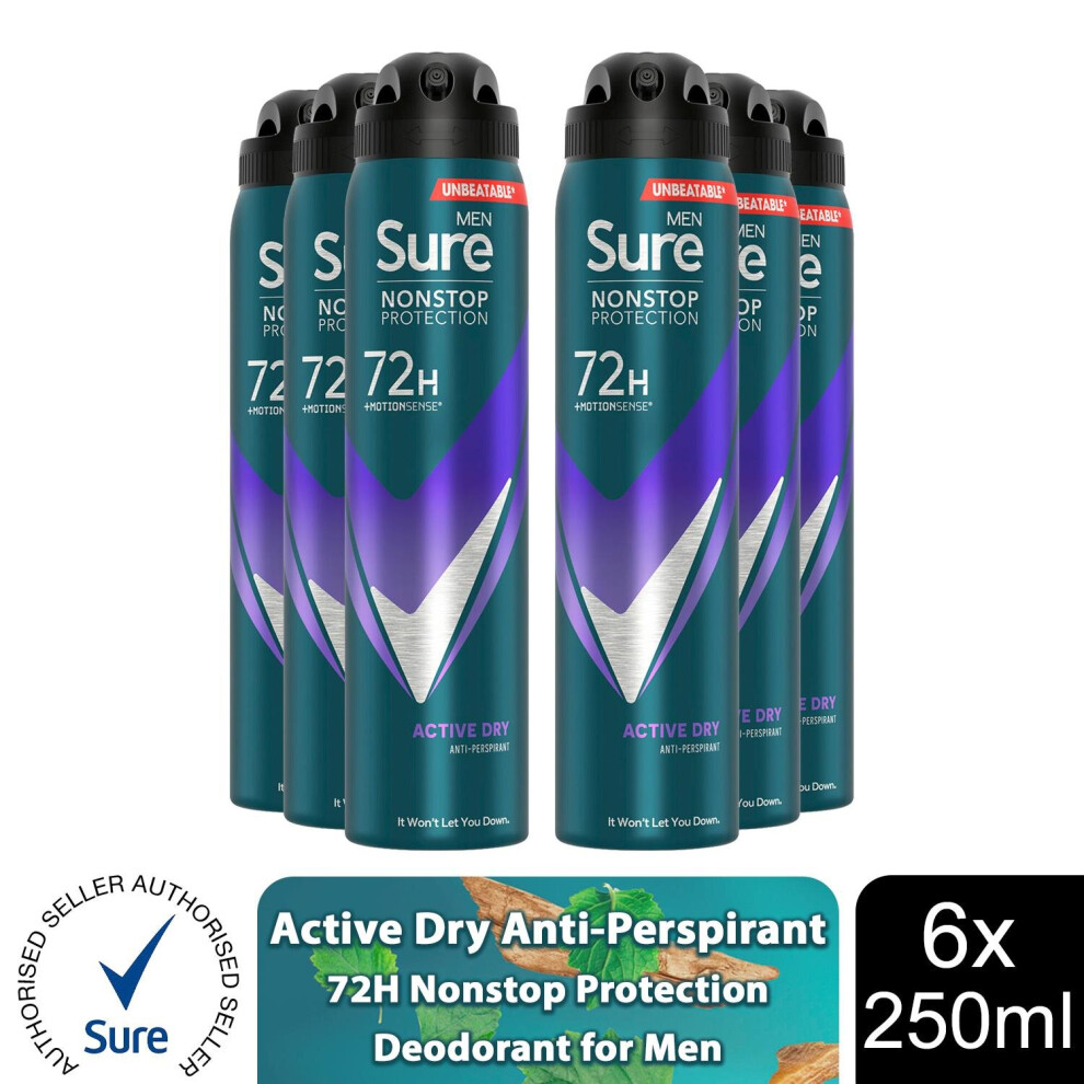 Sure Men's (Active Dry - 6 Pk) Ap Deodorant 72H Nonstop Protection 250Ml