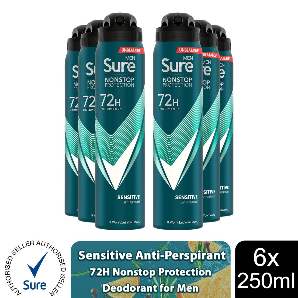 (Sensitive - 6 PK) Sure Men AP Deodorant 72H Nonstop Protection 250ml