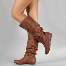 (Brown, EU41) Women Ladies Mid Calf Slouch Boots Winter Wide Leg Stretch Flat Riding Shoes