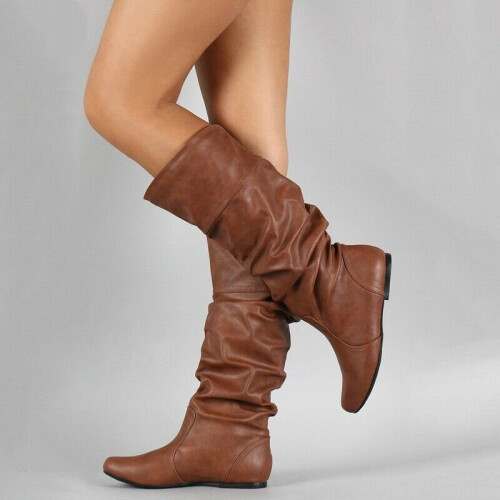 Brown EU42 Women Ladies Mid Calf Slouch Boots Winter Wide Leg Stretch Flat Riding Shoes on OnBuy