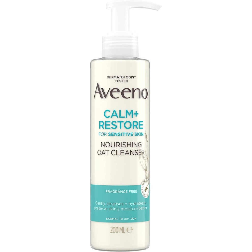 Aveeno Face Calm + Restore Nourishing Oat Cleanser Gently Cleanses, For Sensitive Skin,With Prebiotic Oat and Calming Feverfew, Fragrance Free, 200ml