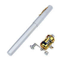 (Silver) Pen Fishing Rod Pocket Size Pole and Reel Combo Portable Micro Collapsible Kits