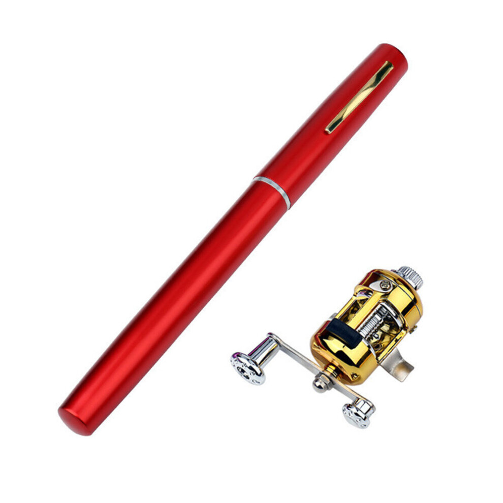 (Red) Pen Fishing Rod Pocket Size Pole and Reel Combo Portable Micro Collapsible Kits