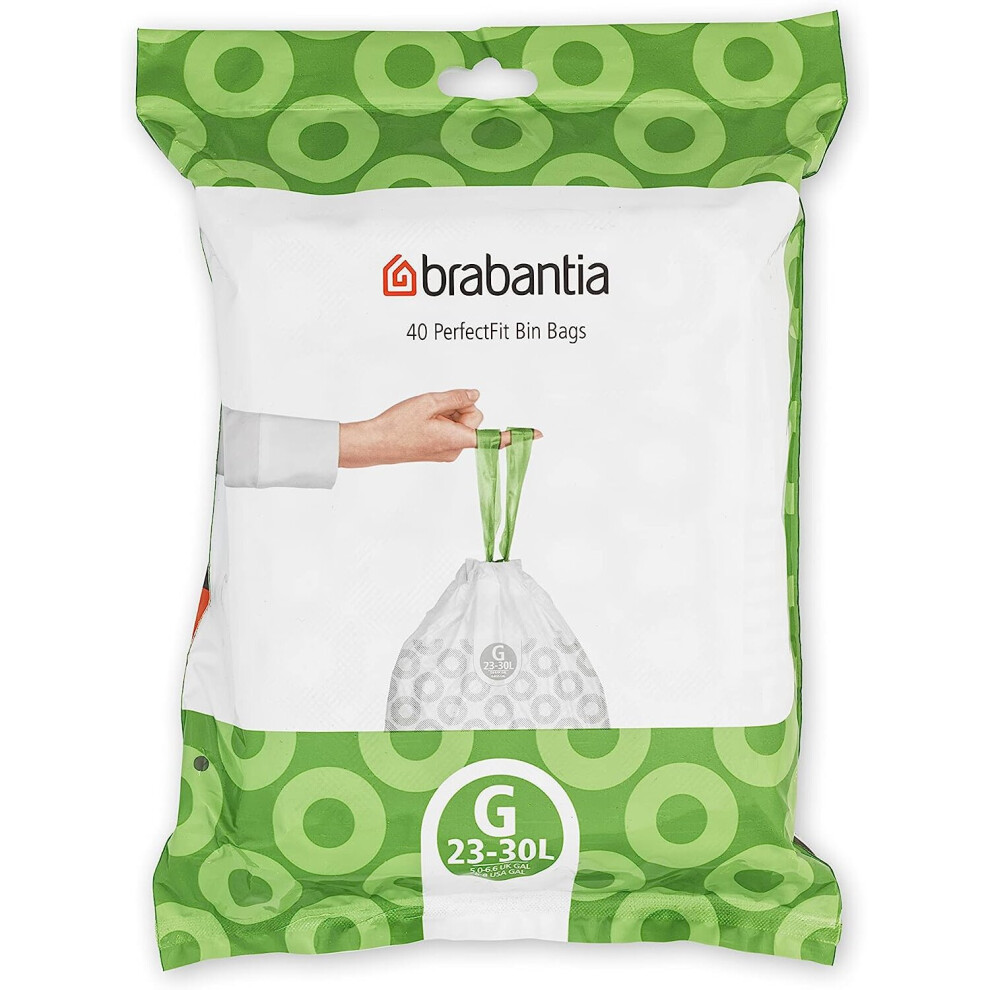 Brabantia PerfectFit Bin Liners (Size G/23-30 Liter) Thick Plastic Trash Bags with Tie Tape Drawstring Handles (40 Bags)