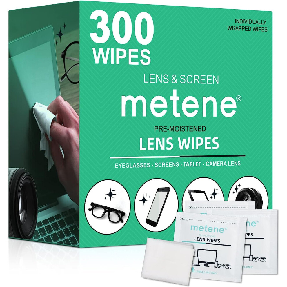 Metene Lens Cleaning Wipes, 300 Pre-Moistened And Individually Wrapped Eyeglass Wipes, Glasses Cleaner -Great For Eyeglasses, Camera Lens, Tablets Etc